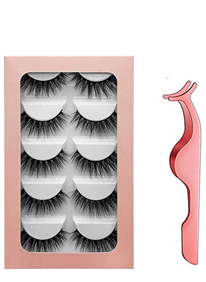 False Eyelashes, 5 Pairs Strip Lashes Faux Mink False Lashes Long Thick Eyelashes for Makeup Eyelashes Extension, 3D Hand-made Natural Reusable Fake Eye Lashes with Tweezers