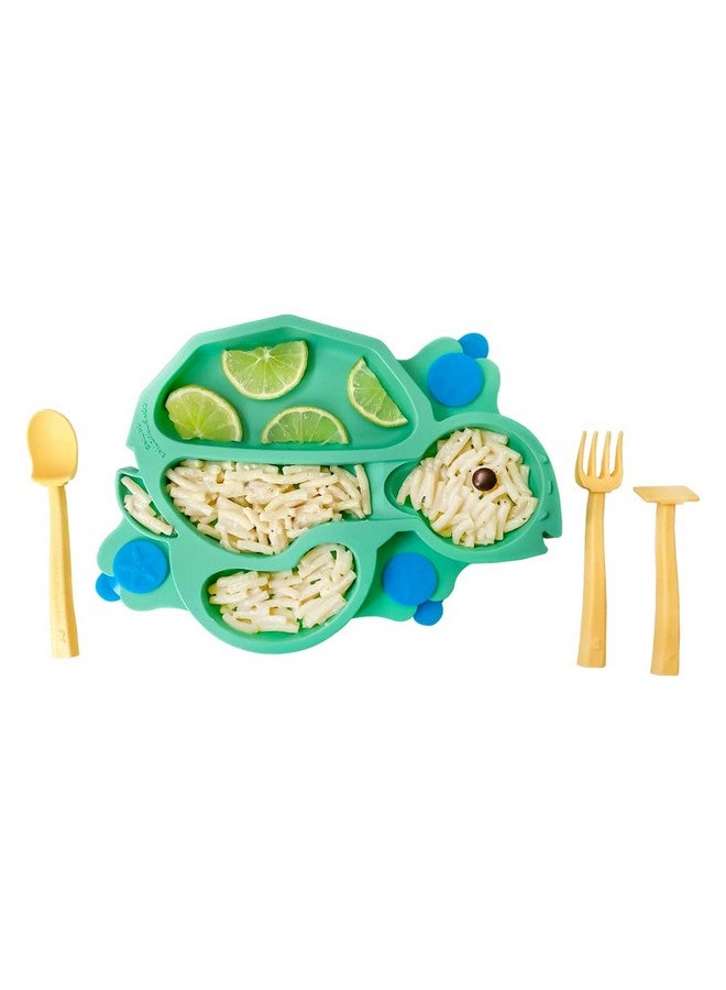 Plate Made In Usa ; Constructive Baby ; Kids Dinnerware Set Green Turtle Plate ; Divided Suction Plates For Toddlers Made With Materials Tested For Safety