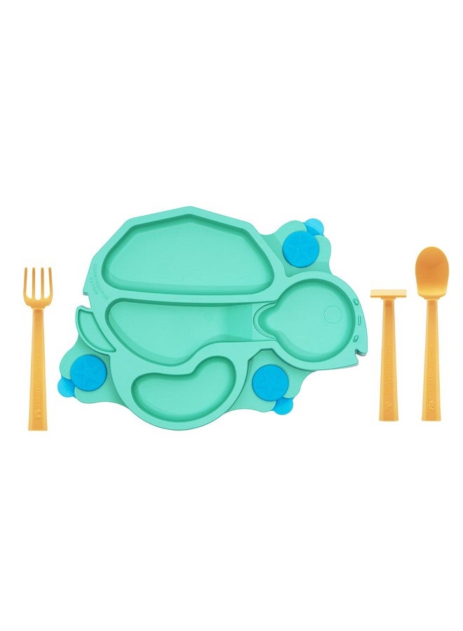 Plate Made In Usa ; Constructive Baby ; Kids Dinnerware Set Green Turtle Plate ; Divided Suction Plates For Toddlers Made With Materials Tested For Safety