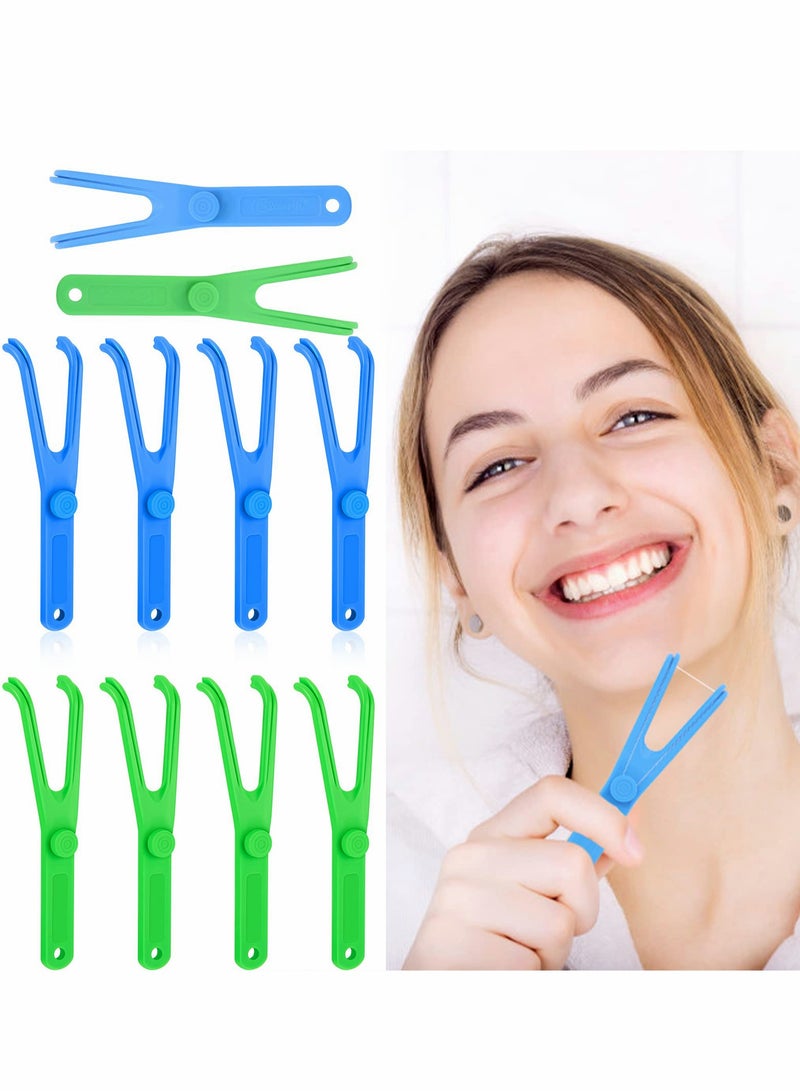 Dental Floss Holder, 10 Pcs Reusable Flosser Holder Handle Durable Adults and Kids Tools for Oral Clearing (Blue, Green)