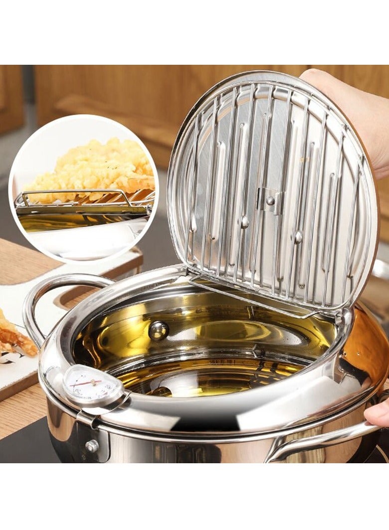 Tempura Deep Fryer, Stainless Steel Tempura Fry Pot With A Thermometer And Oil Drip Rack Lid, Small Oil Saving Drip Drainer Pan For Household, (4.2L)