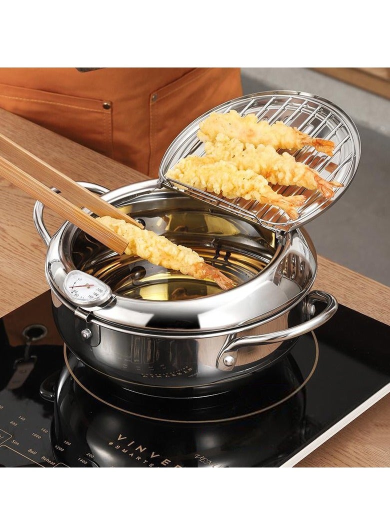 Tempura Deep Fryer, Stainless Steel Tempura Fry Pot With A Thermometer And Oil Drip Rack Lid, Small Oil Saving Drip Drainer Pan For Household, (4.2L)