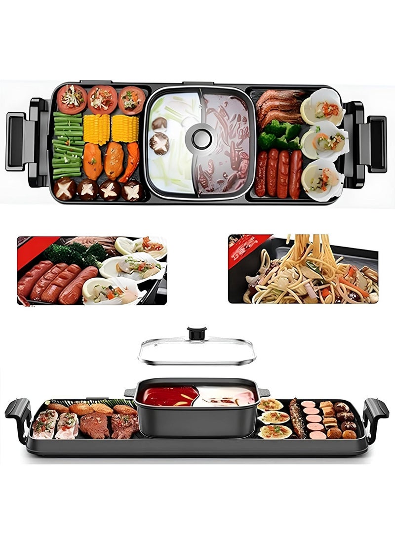 Korean Hot Pot Grill Combo Electric Shabu Shabu Hot Pot Grill with Divider Korean BBQ Grill less Non-Stick Pan Separate Dual Temperature Control 1-8 People Gathering Smookless 220V 2000W