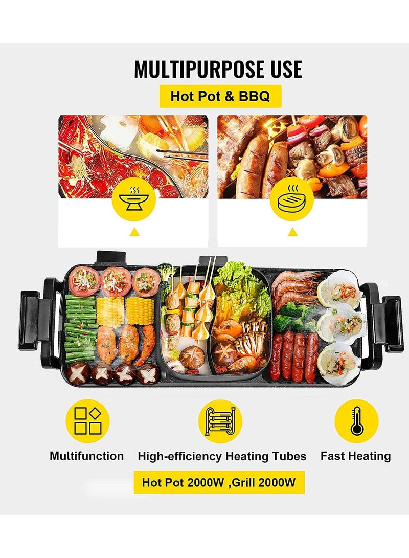 Korean Hot Pot Grill Combo Electric Shabu Shabu Hot Pot Grill with Divider Korean BBQ Grill less Non-Stick Pan Separate Dual Temperature Control 1-8 People Gathering Smookless 220V 2000W