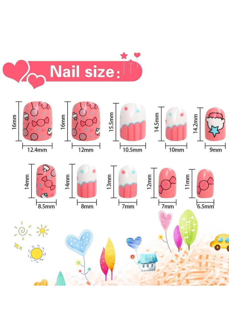 Kids Fake Nails Press on, for Girls Pre-glue Full Cover Short False Nails Children Lovely Gift for Kids Teens Nail Art Decoration(Refreshing and Cute)