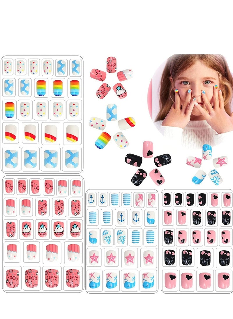 Kids Fake Nails Press on, for Girls Pre-glue Full Cover Short False Nails Children Lovely Gift for Kids Teens Nail Art Decoration(Refreshing and Cute)