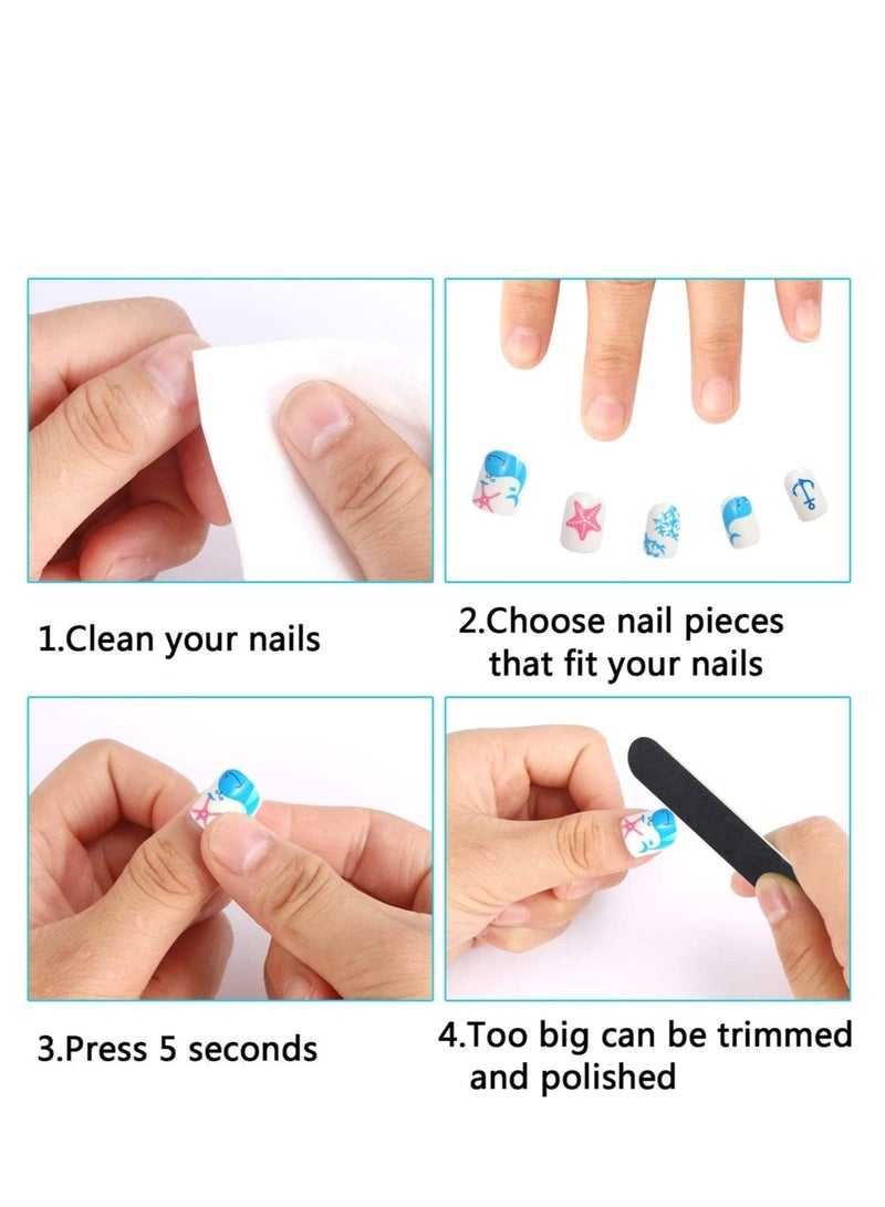 Kids Fake Nails Press on, for Girls Pre-glue Full Cover Short False Nails Children Lovely Gift for Kids Teens Nail Art Decoration(Refreshing and Cute)