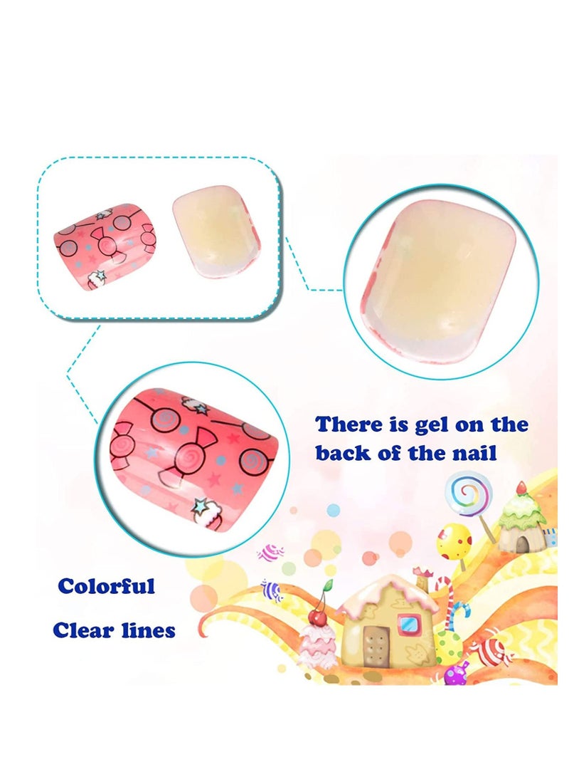Kids Fake Nails Press on, for Girls Pre-glue Full Cover Short False Nails Children Lovely Gift for Kids Teens Nail Art Decoration(Refreshing and Cute)