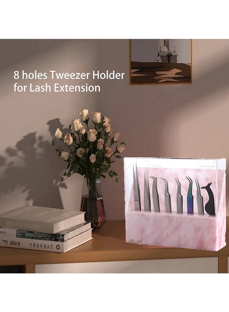Tweezers Holder Shelf, Dust-proof 8-Hole Tweezer Stand, Durable Acrylic Display Storage Rack Eyelash Extension Box with Dust Cover for Salon Marble Pink