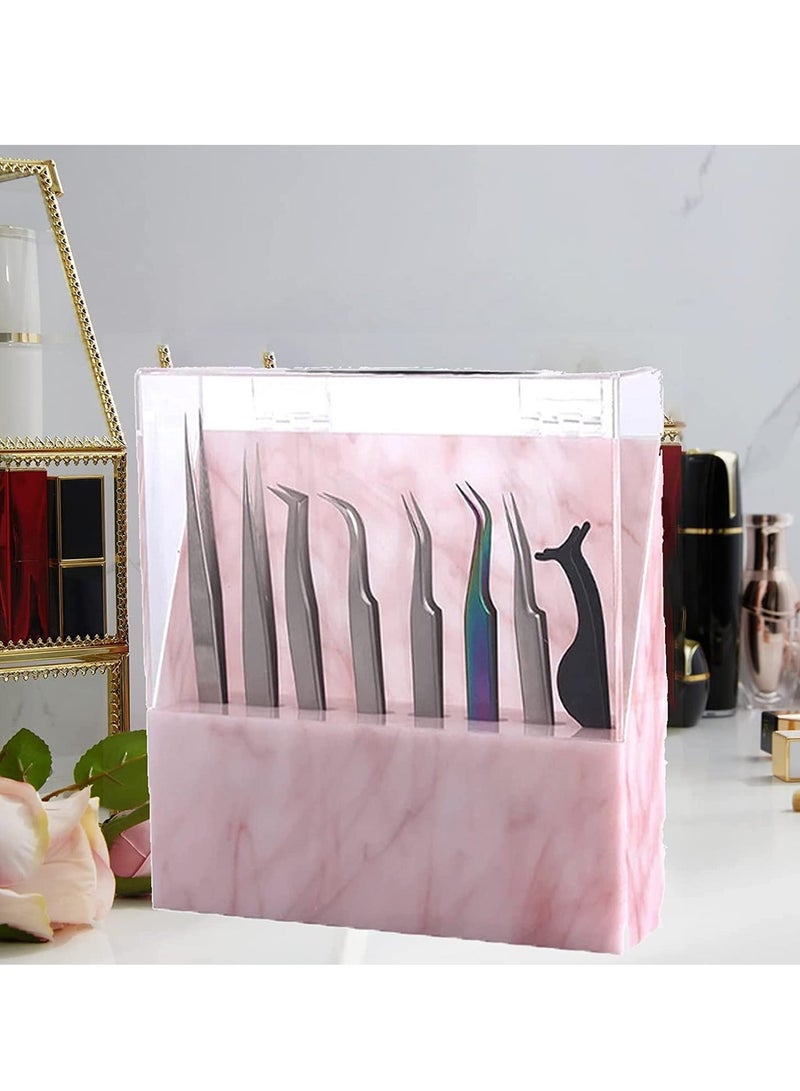Tweezers Holder Shelf, Dust-proof 8-Hole Tweezer Stand, Durable Acrylic Display Storage Rack Eyelash Extension Box with Dust Cover for Salon Marble Pink