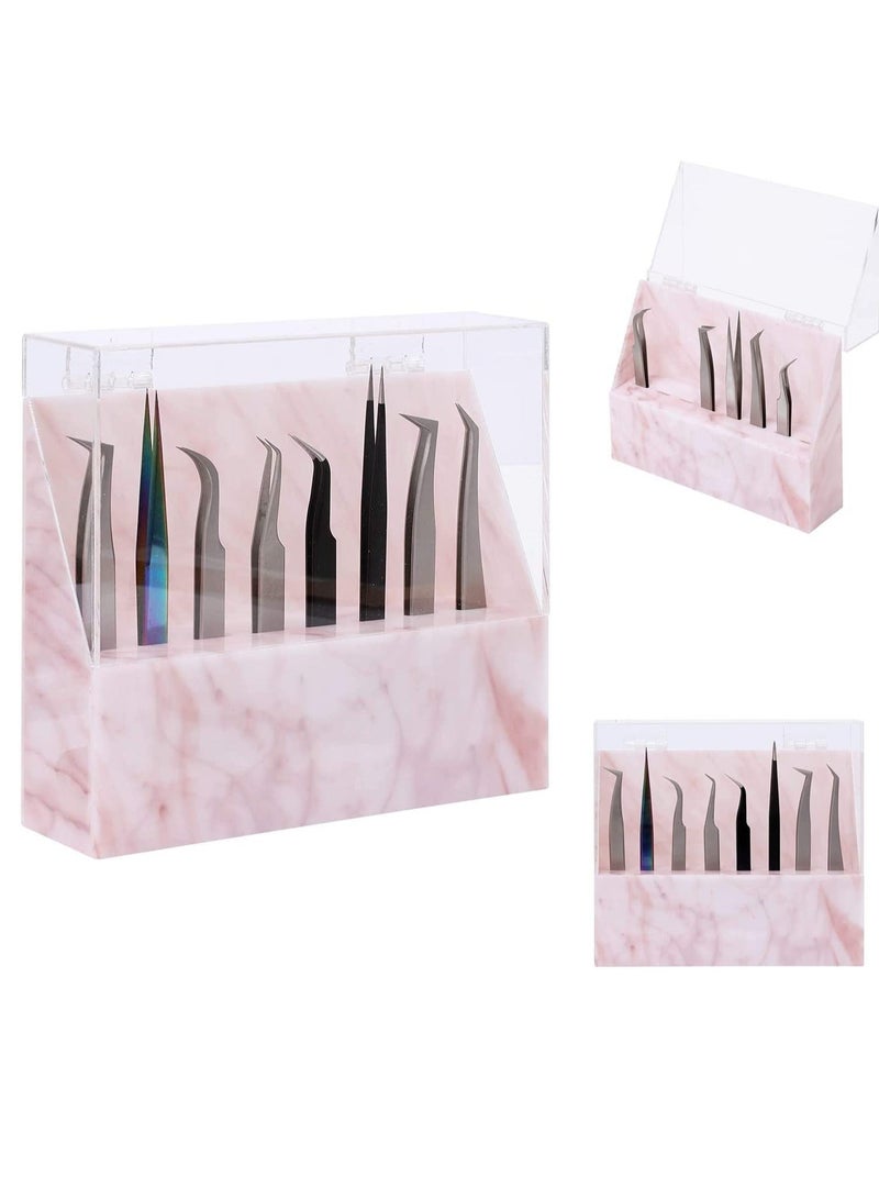 Tweezers Holder Shelf, Dust-proof 8-Hole Tweezer Stand, Durable Acrylic Display Storage Rack Eyelash Extension Box with Dust Cover for Salon Marble Pink