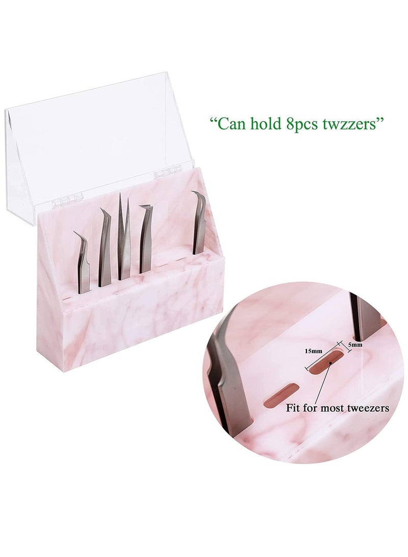 Tweezers Holder Shelf, Dust-proof 8-Hole Tweezer Stand, Durable Acrylic Display Storage Rack Eyelash Extension Box with Dust Cover for Salon Marble Pink