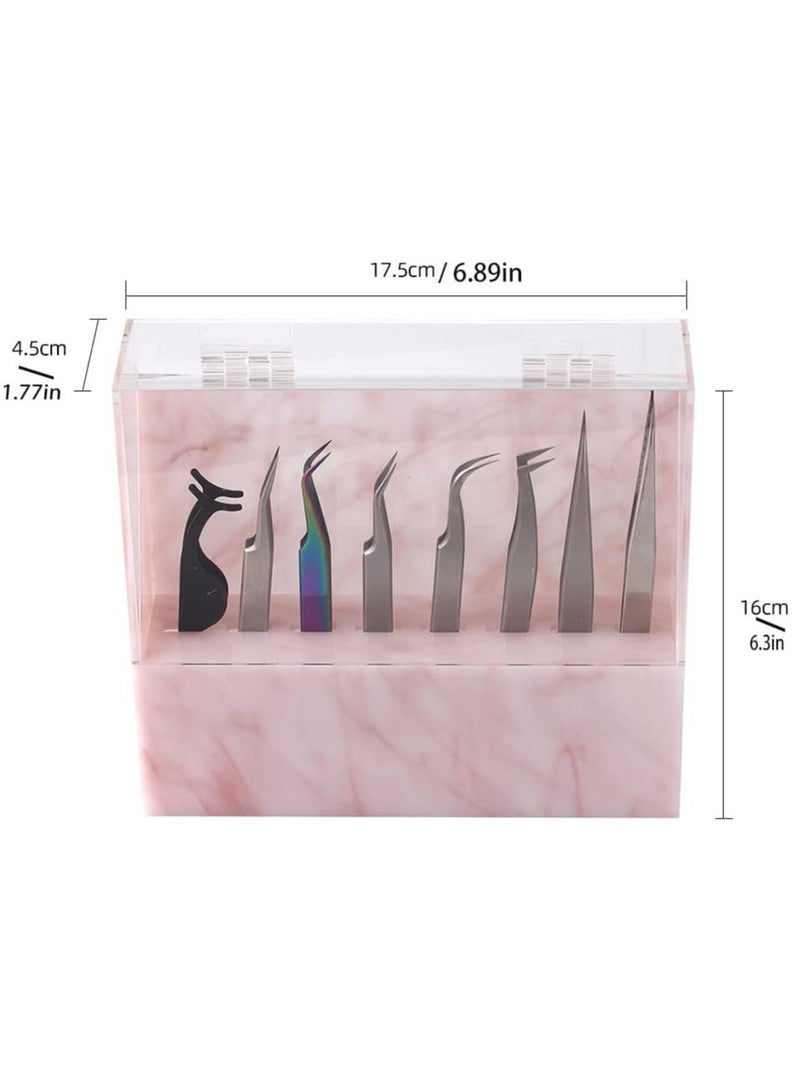 Tweezers Holder Shelf, Dust-proof 8-Hole Tweezer Stand, Durable Acrylic Display Storage Rack Eyelash Extension Box with Dust Cover for Salon Marble Pink
