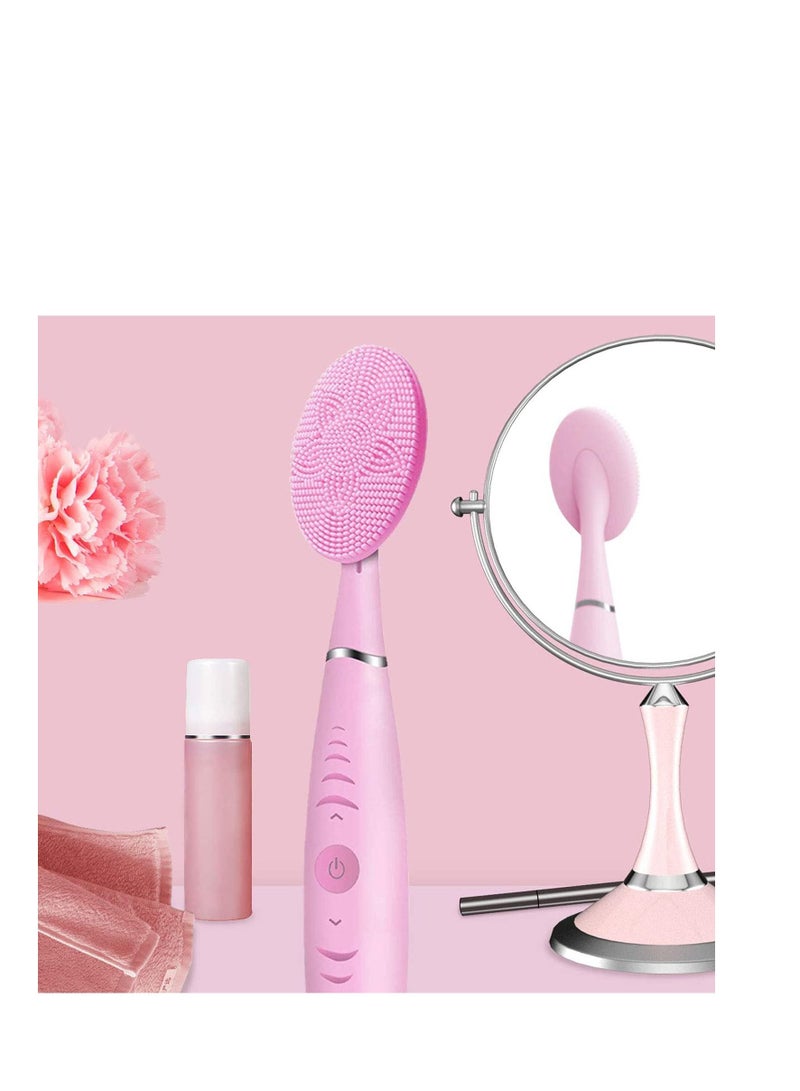 Sonic Facial Cleansing Brush, Waterproof Vibrating Rechargeable Face Brush for Deep Cleansing, Gentle Exfoliating and Massaging, 5 Adjustable Speeds (Pink)
