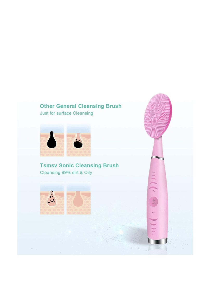 Sonic Facial Cleansing Brush, Waterproof Vibrating Rechargeable Face Brush for Deep Cleansing, Gentle Exfoliating and Massaging, 5 Adjustable Speeds (Pink)