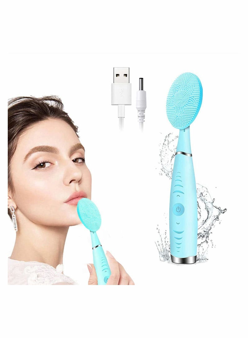 Facial Cleansing Brush, Portable Handled Face Brush with 5 Adjustable Speeds Vibrating Rechargeable for Deep Cleaning Gentle Exfoliating Massaging (Blue)