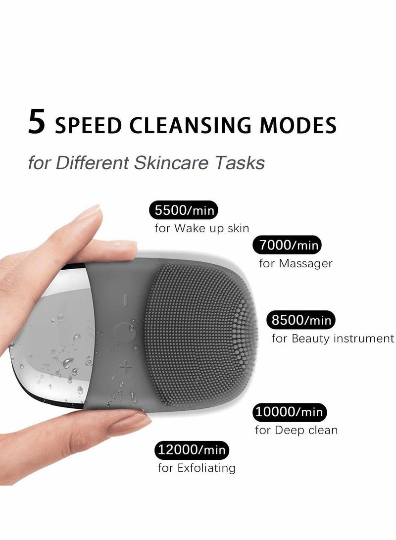 Facial Cleansing Brush, 3-in-1 Electric Silicone Face Scrubber, Vibrating Massager, USB Rechargeble Scrubber Gray