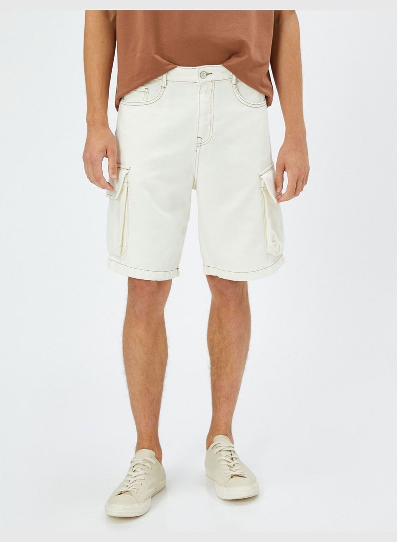 Cargo Pocket Seam Detail Cotton Jean Shorts