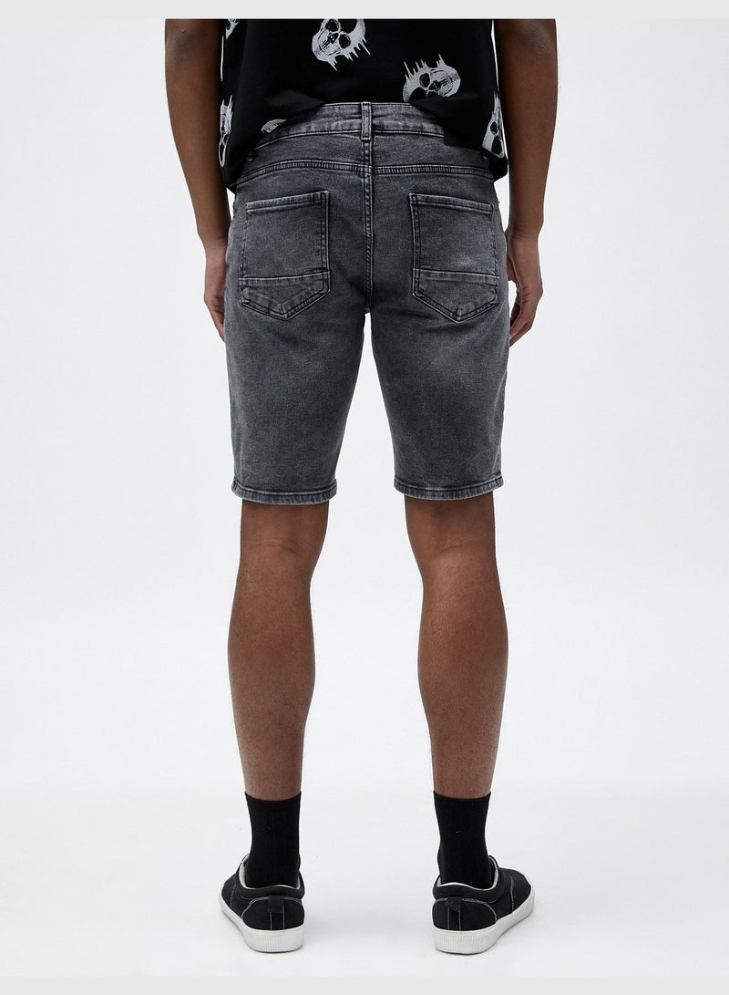 Bermuda Denim Shorts Buttoned Pocket Detailed Cotton