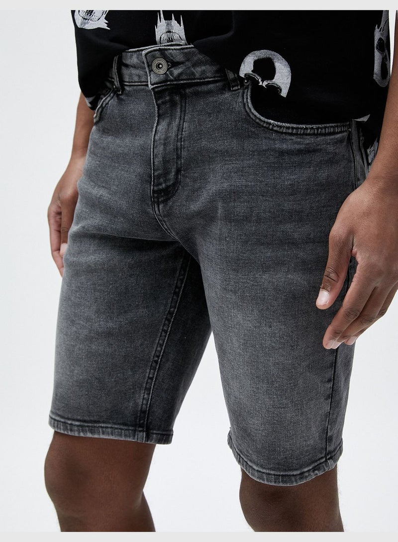 Bermuda Denim Shorts Buttoned Pocket Detailed Cotton