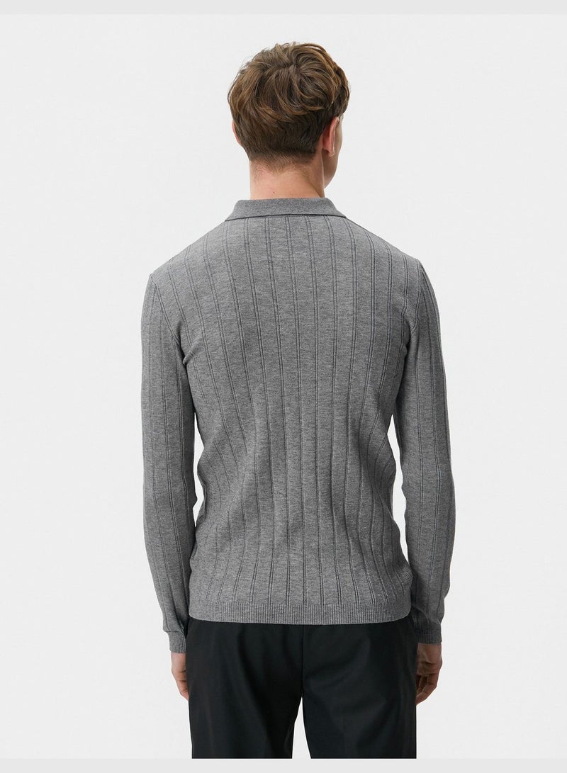 Polo Neck Half Zipper Textured Slim Fit Sweater