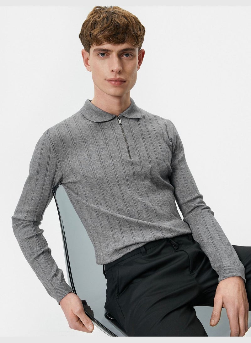 Polo Neck Half Zipper Textured Slim Fit Sweater