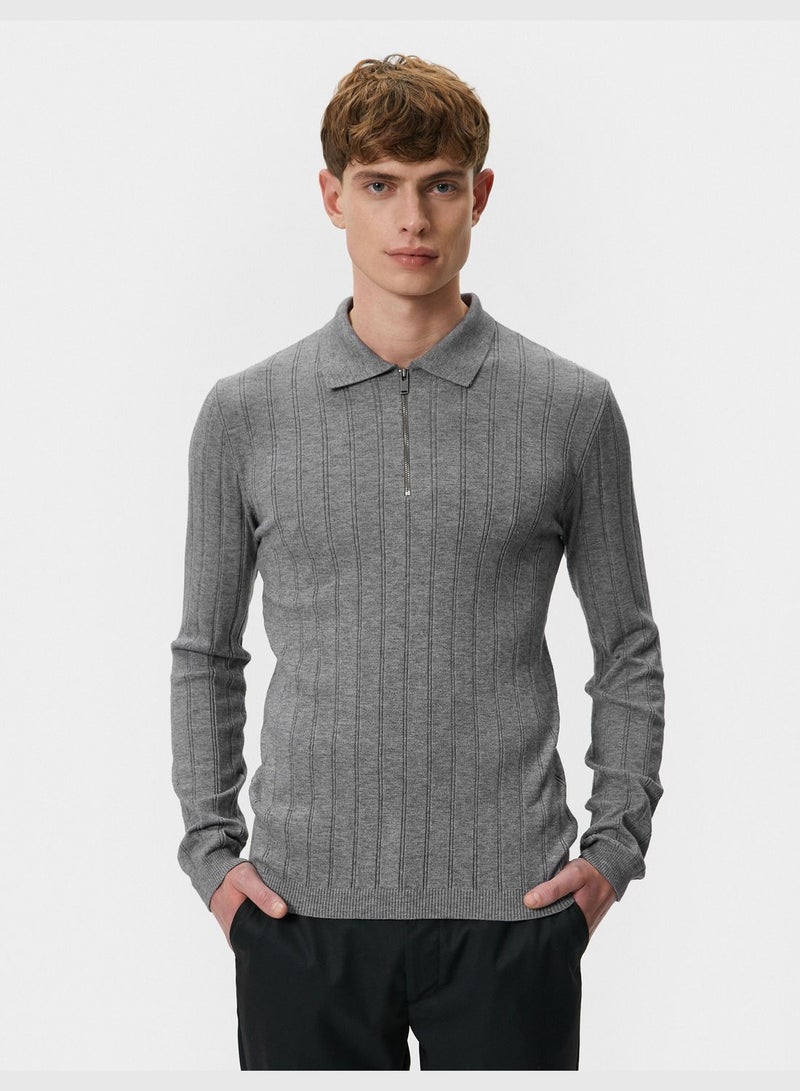 Polo Neck Half Zipper Textured Slim Fit Sweater