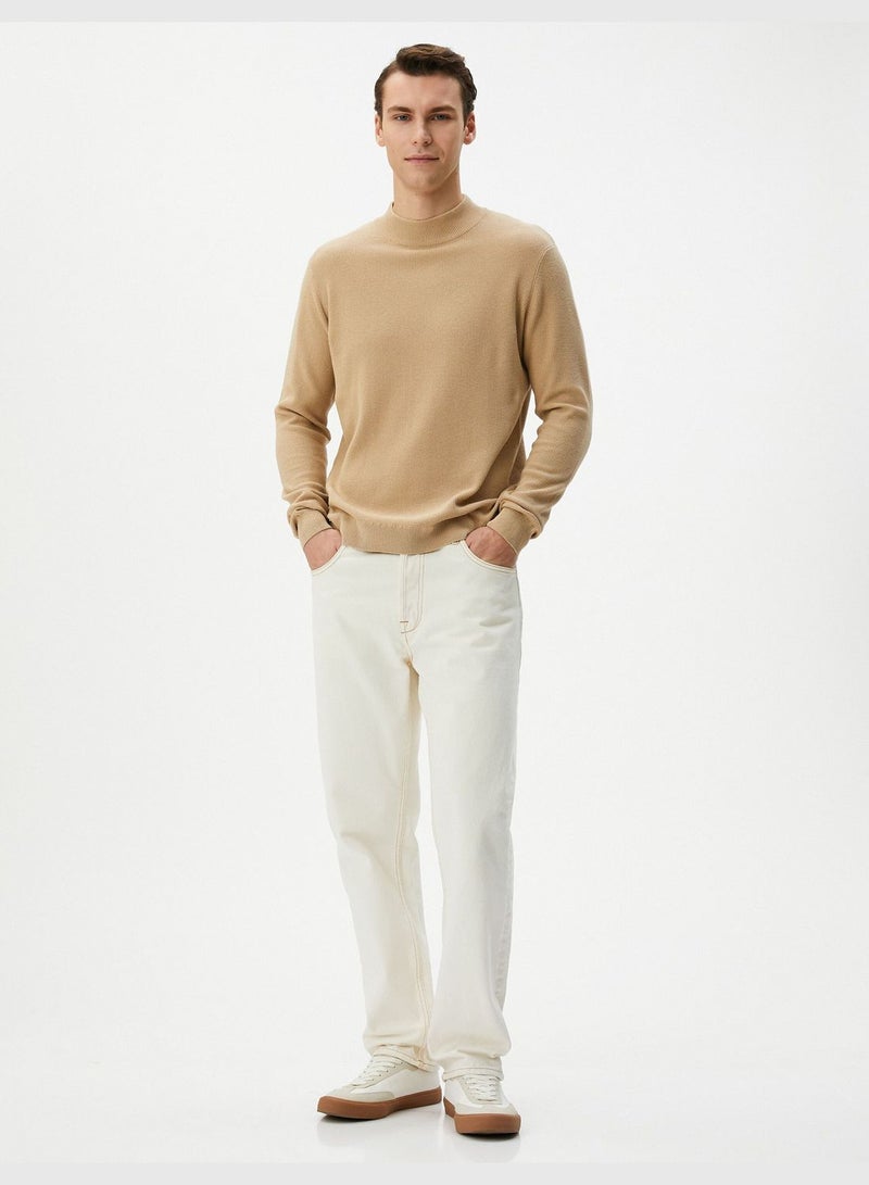 Half Turtleneck Textured Long Sleve Cotton Knitwear Sweater