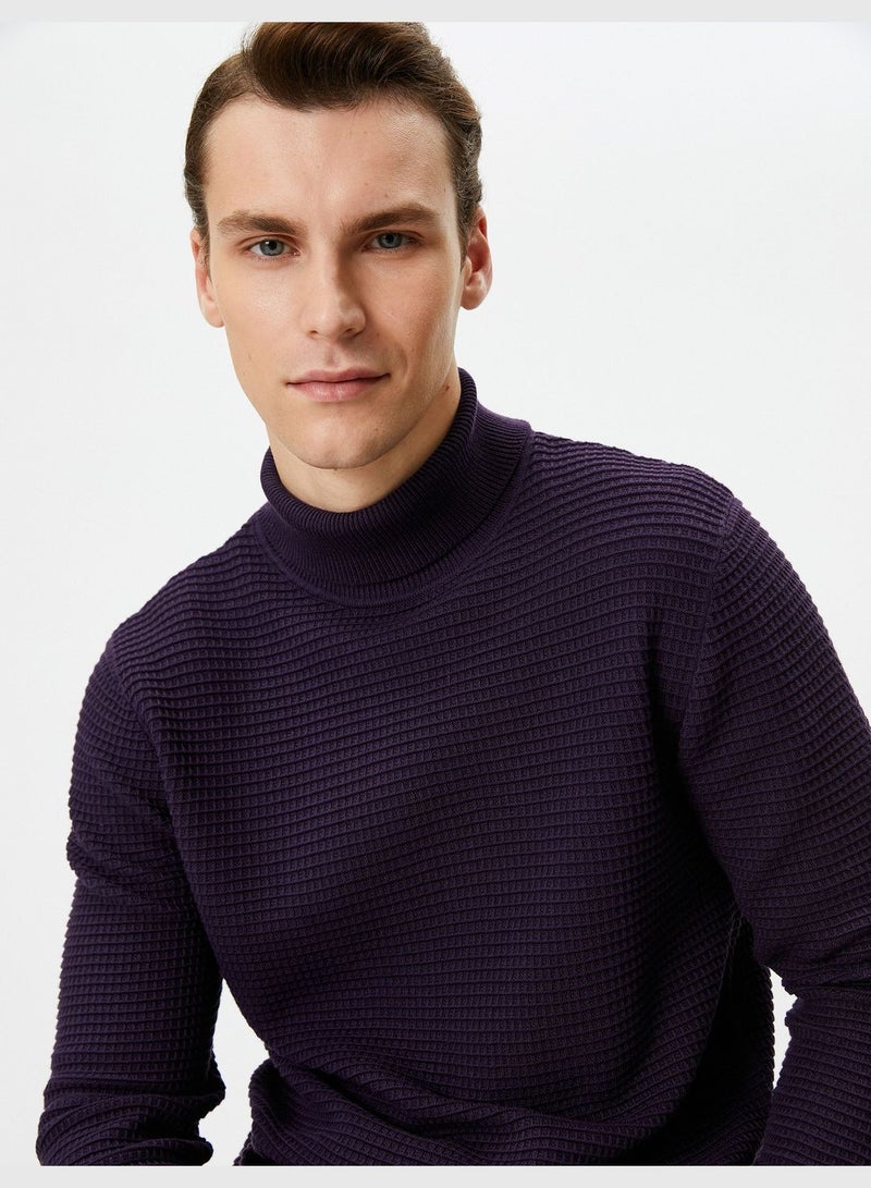 Slim Fit Turtleneck Textured Long Sleeve Knitwear Sweater