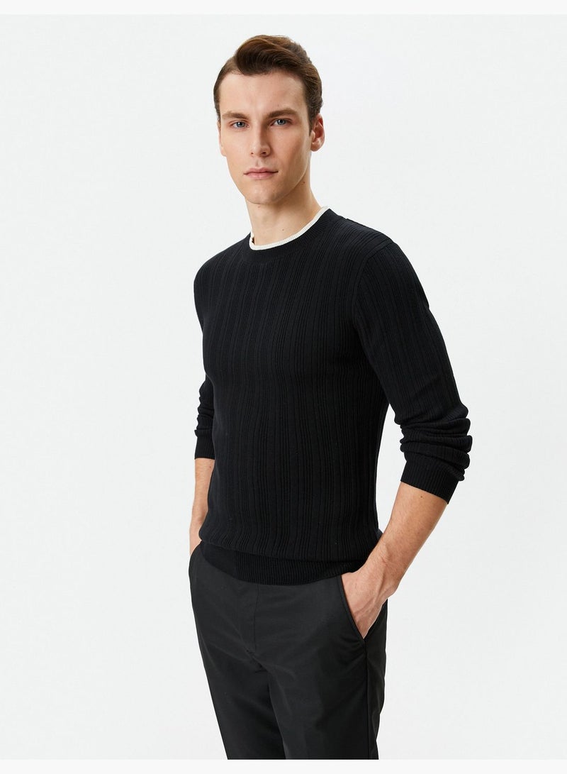 Neck Detail Slim Fit Textured Long Sleeve Knitwear Sweater