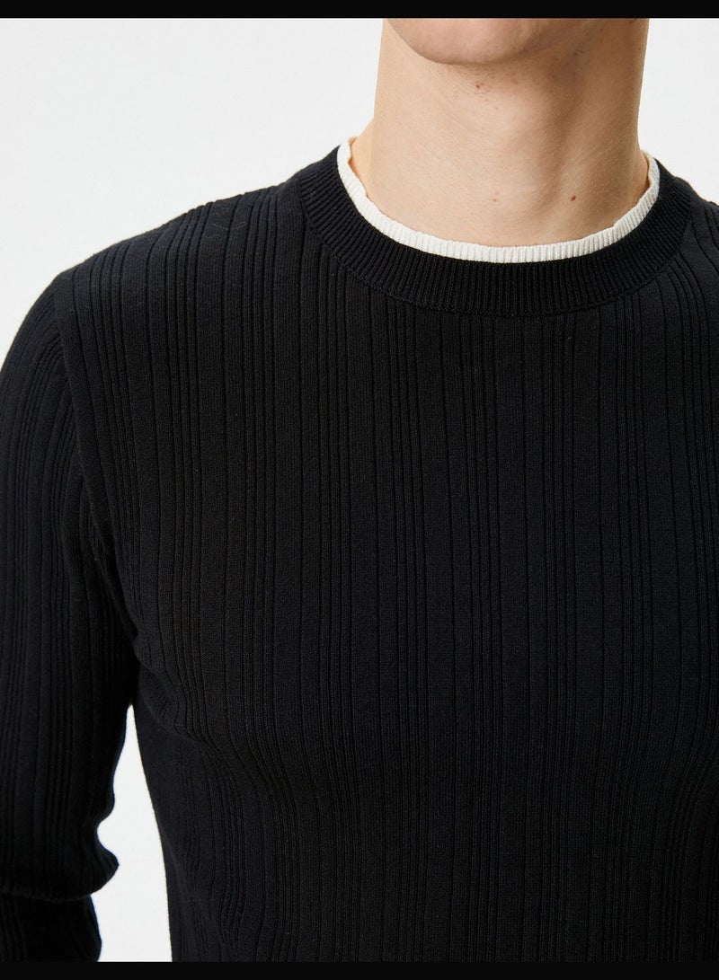 Neck Detail Slim Fit Textured Long Sleeve Knitwear Sweater