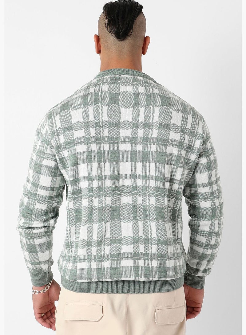 Checkered Crew Neck Long Sleeve Sweater