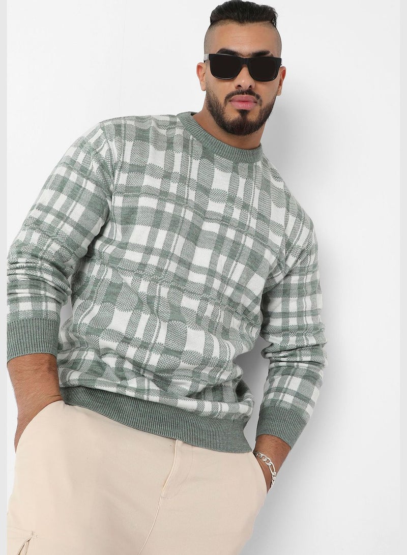 Checkered Crew Neck Long Sleeve Sweater