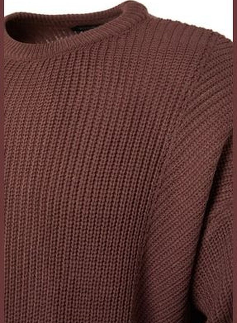 Dried Rose Men's Oversize Fit Wide Fit Crew Neck Slit Knitwear Sweater TMNAW21KZ0552