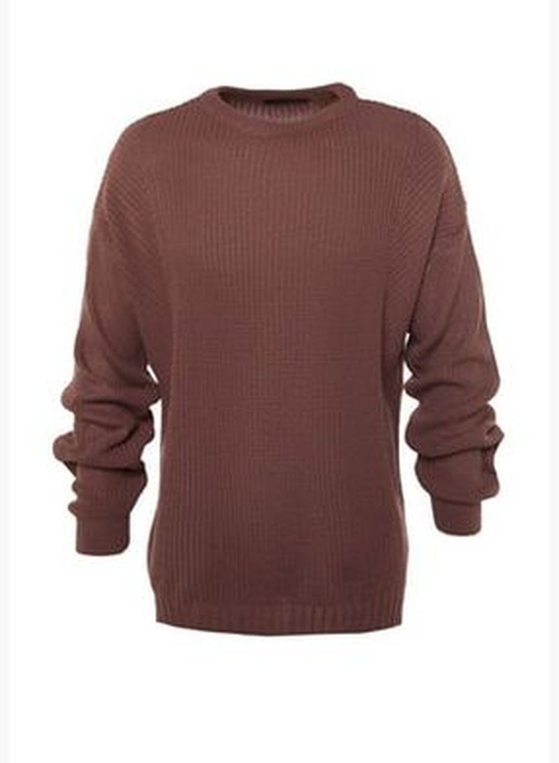 Dried Rose Men's Oversize Fit Wide Fit Crew Neck Slit Knitwear Sweater TMNAW21KZ0552