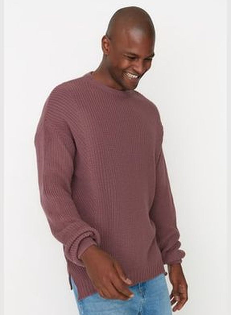 Dried Rose Men's Oversize Fit Wide Fit Crew Neck Slit Knitwear Sweater TMNAW21KZ0552