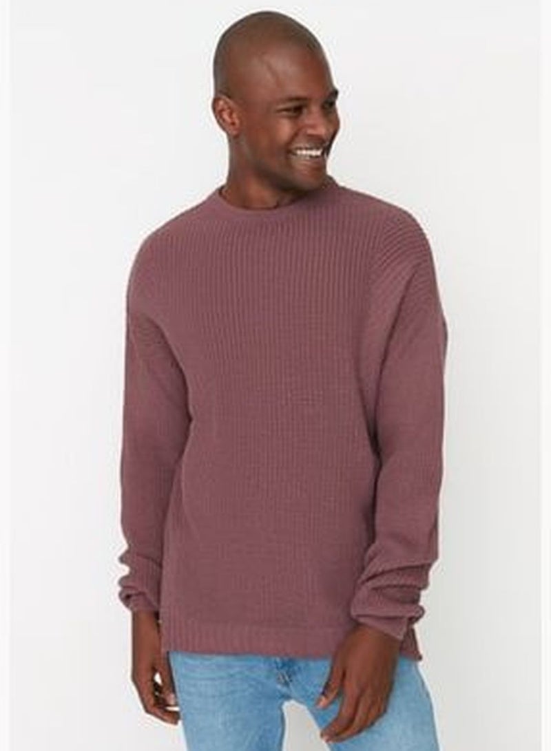 Dried Rose Men's Oversize Fit Wide Fit Crew Neck Slit Knitwear Sweater TMNAW21KZ0552