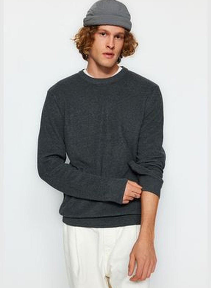 Gray Men's Regular Fit Crew Neck Thessaloniki Knit Basic Knitwear Sweater.