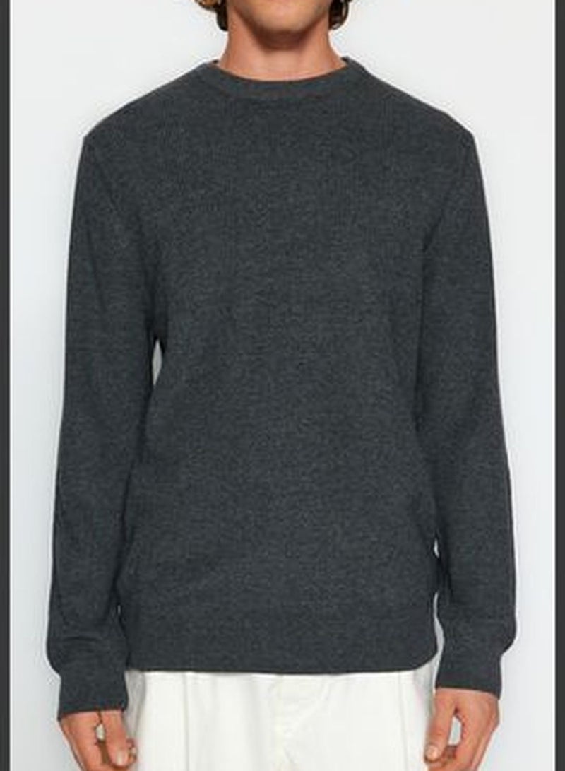 Gray Men's Regular Fit Crew Neck Thessaloniki Knit Basic Knitwear Sweater.