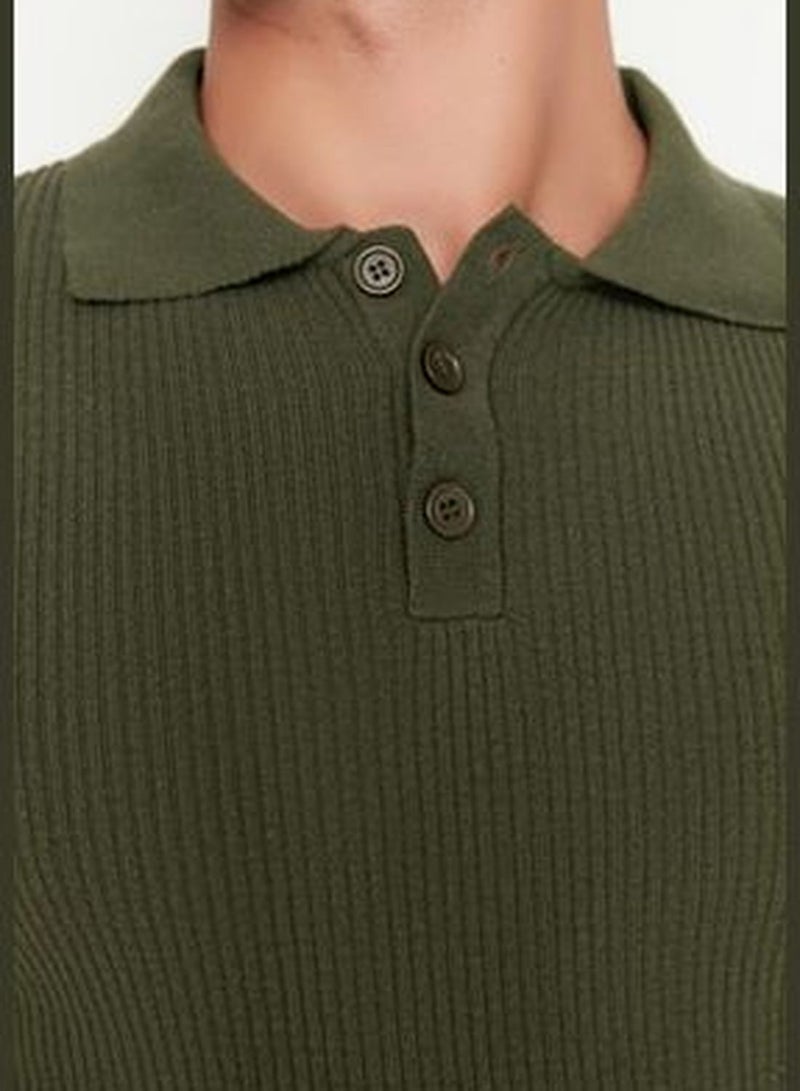 Khaki Men's Slim Fit Buttoned Polo Neck Corduroy Knitted Sweater TMNAW21KZ0567