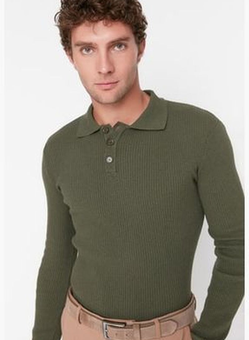 Khaki Men's Slim Fit Buttoned Polo Neck Corduroy Knitted Sweater TMNAW21KZ0567