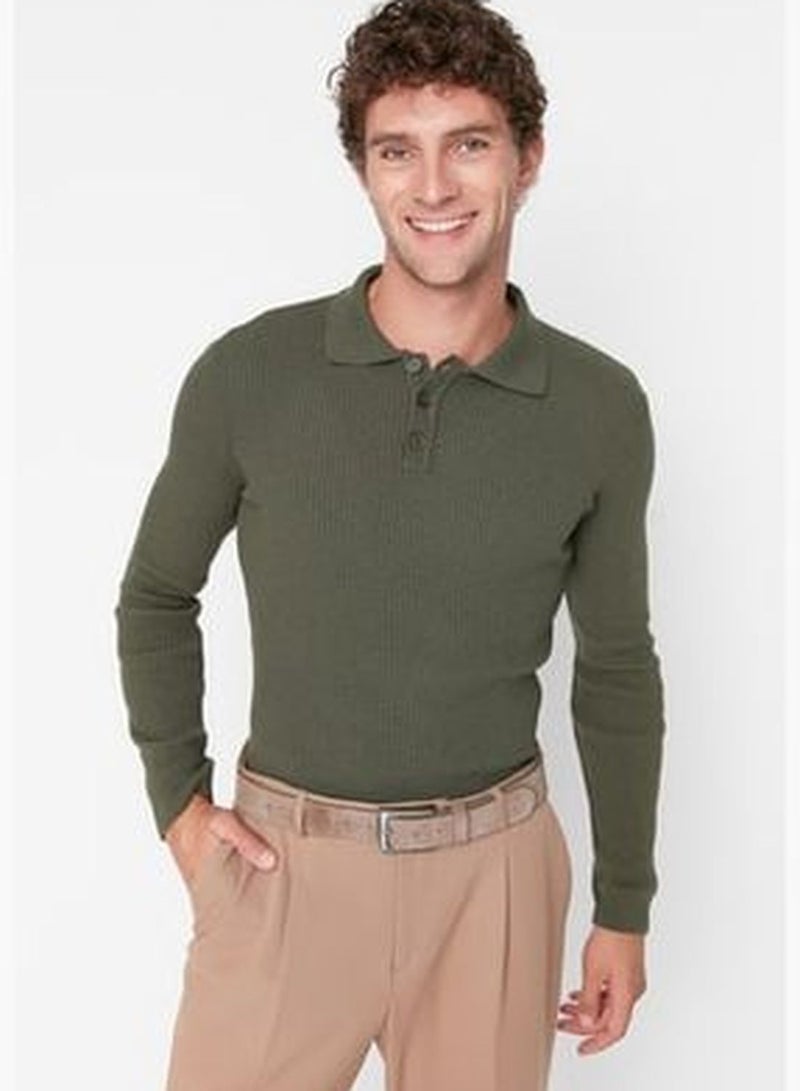 Khaki Men's Slim Fit Buttoned Polo Neck Corduroy Knitted Sweater TMNAW21KZ0567