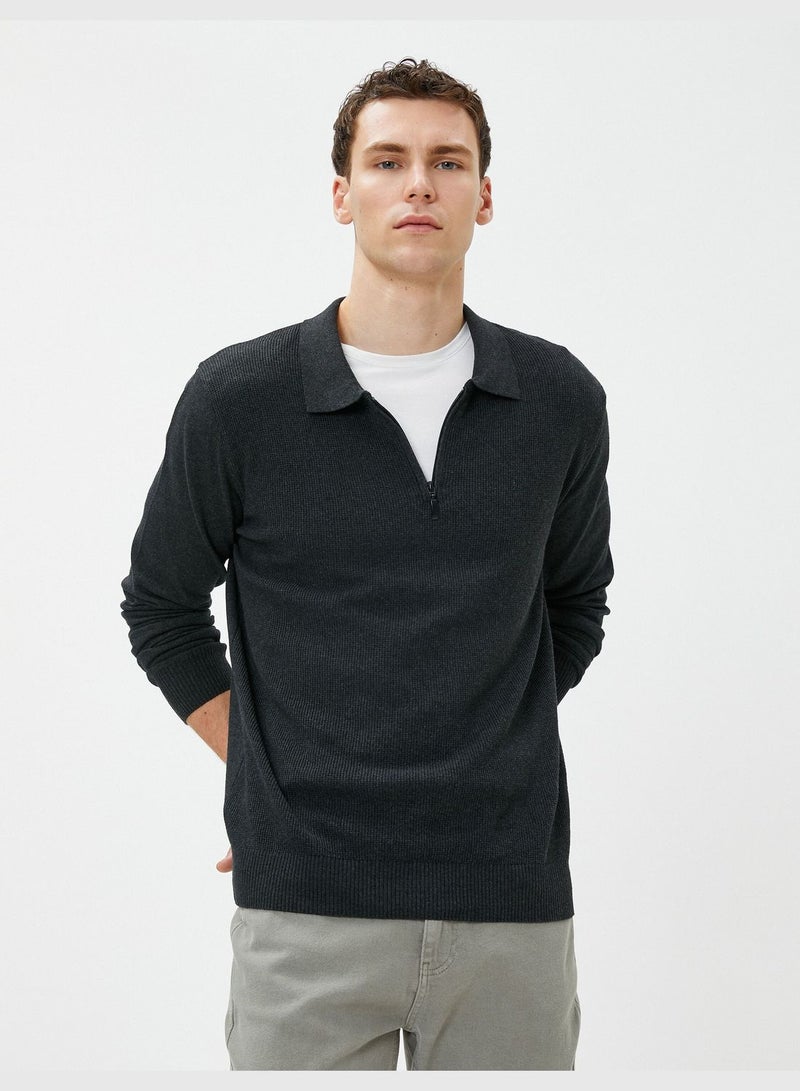Polo Neck Sweater Zipper Detail Slim Fit Long Sleeve