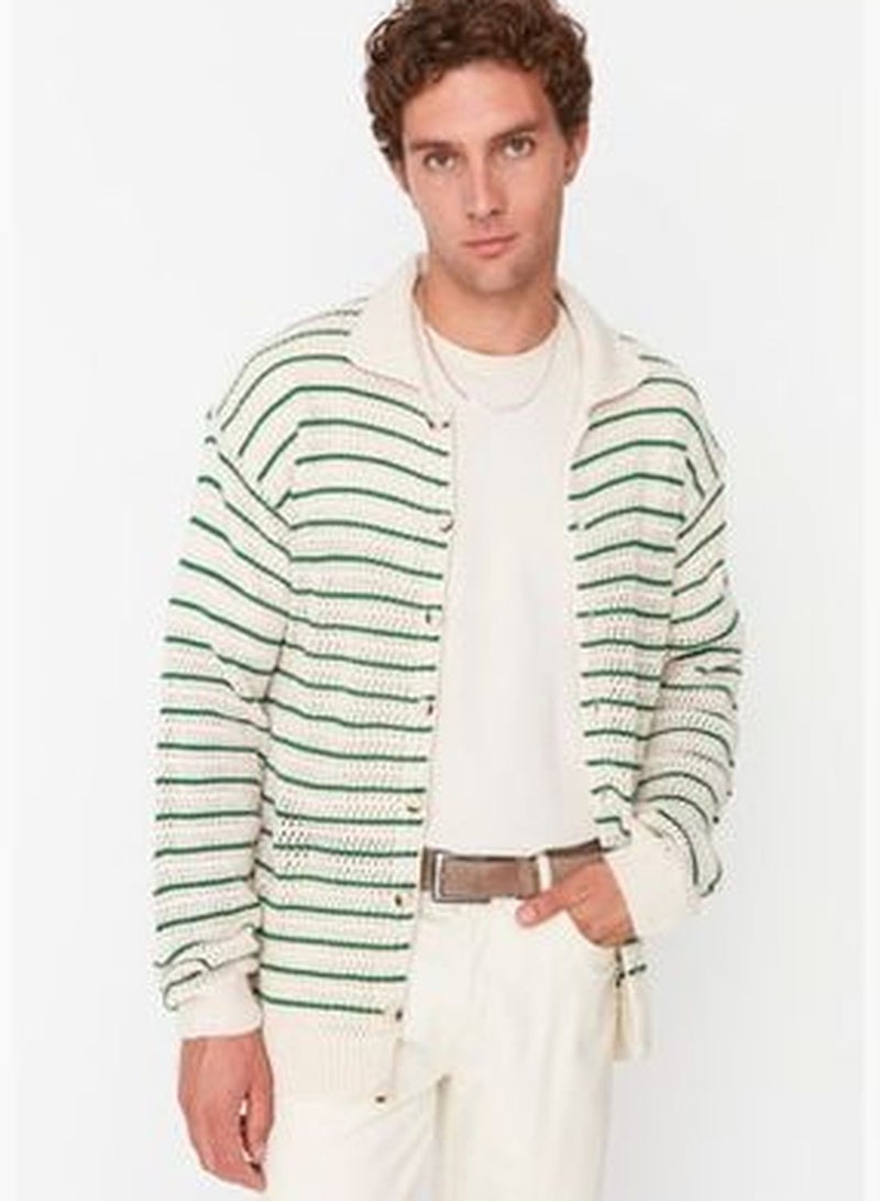 Ecru Men's Regular Fit Striped Knitwear Cardigan with Crochet Detail.