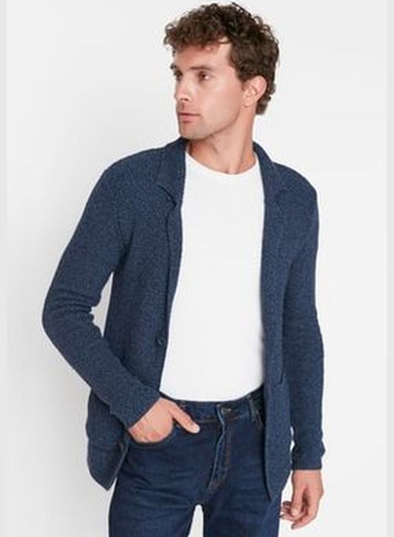 Men's Navy Blue Slim Fit Jacket Collar Textured Pocket Knitwear Cardigan