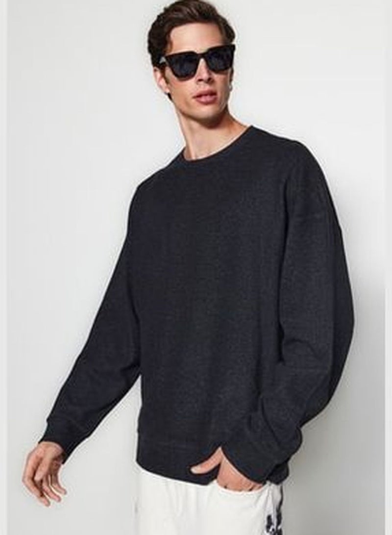 Anthracite Men's Basic Oversize/Wide Cut Crew Neck Soft Brushed Thessaloniki Sweatshirt.