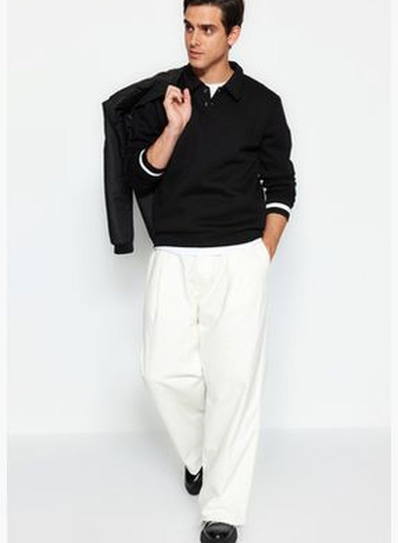 Black Men's Oversize Buttoned Polo Collar with Striped Sleeves, Thick Pile inside, Sweatshirt.