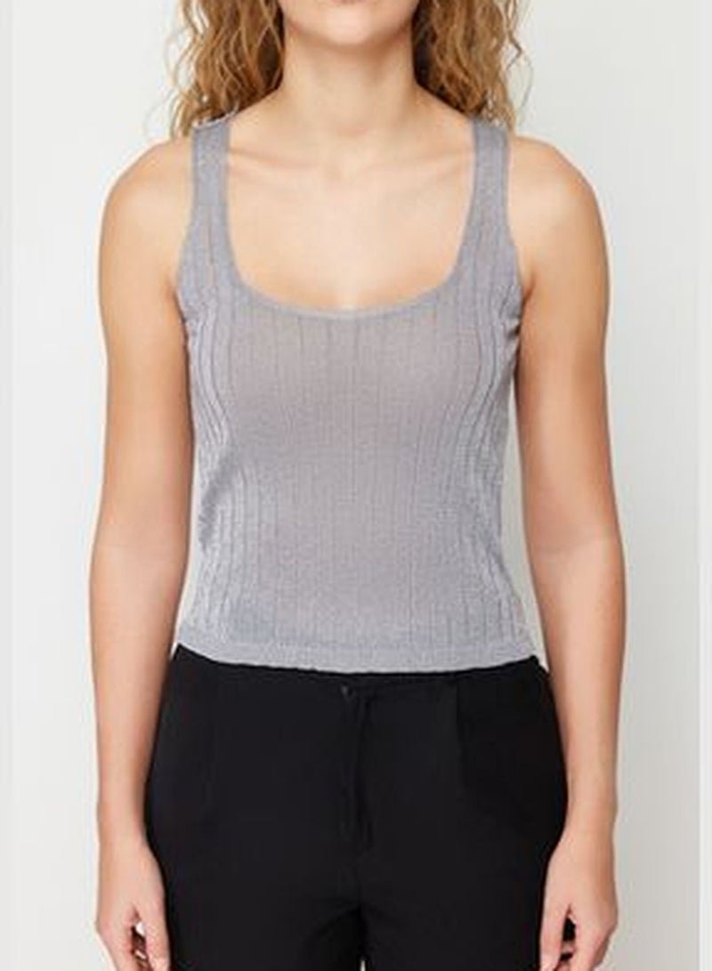 Gray Silvery V Neck Knitwear Blouse TWOSS24BZ00126