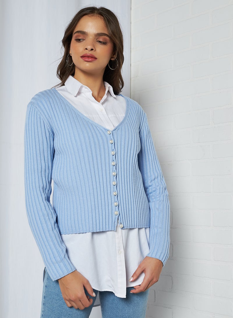 Pearl Detailed Knitted Cardigan Light Blue