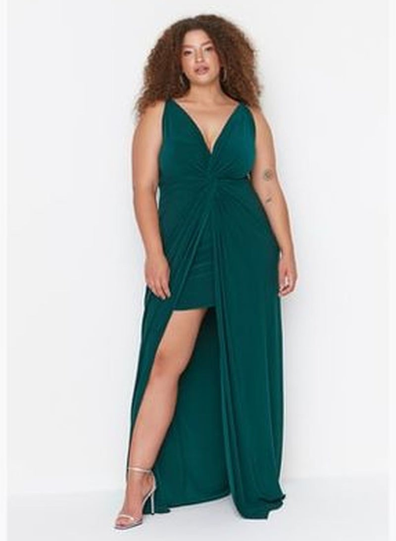 Emerald Green Knitted Evening Dress With Drape Detailed
